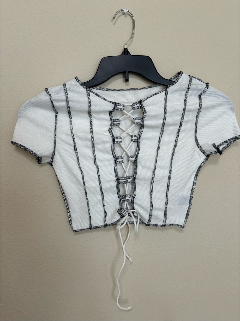 White Lace-Up Ribbed Crop Top with Contrast Stitching